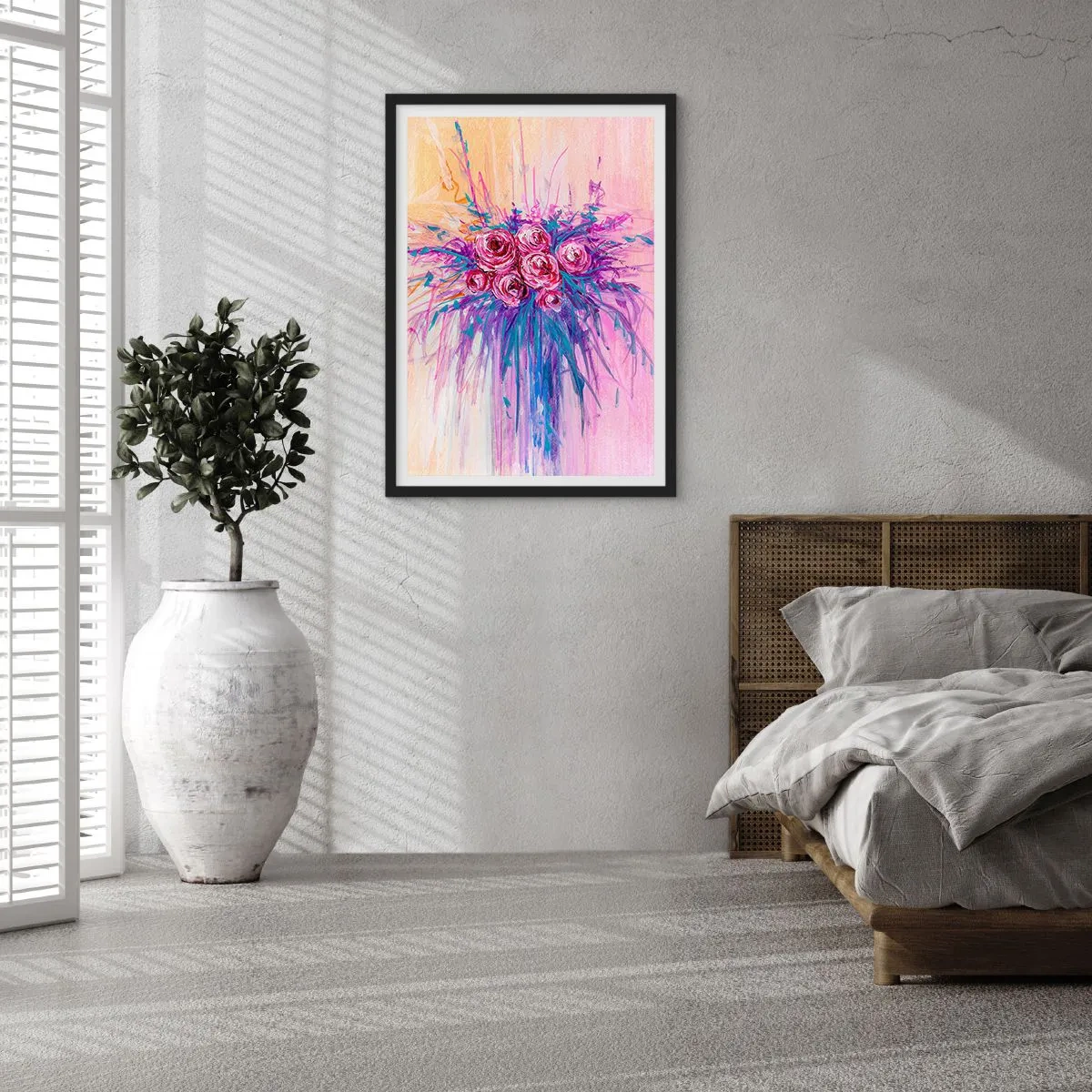 Poster in een zwarte lijst - Kleurrijke rozen op een achtergrond in tinten roze - 50x70cm - Rozenfontein - Moderne wanddecoratie voor woonkamer en slaapkamer ARTTOR