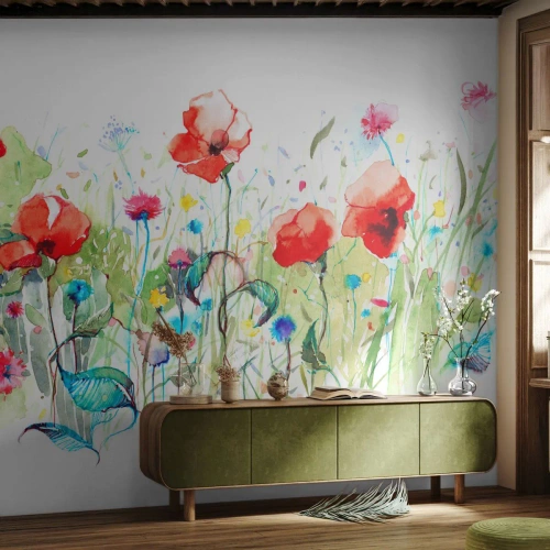 Fotobehang Standard Eco - Bloeiende meiweide - Bloemen, Klaprozen, Tuin - 200x140 cm