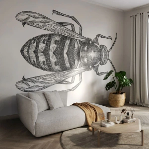 Fotobehang Standard Eco - Grafische illustratie van een wesp in zwart-witstijl op een witte achtergrond - 100x70cm - Van een insectenplaneet - Moderne wanddecoratie voor woonkamer en slaapkamer ARTTOR