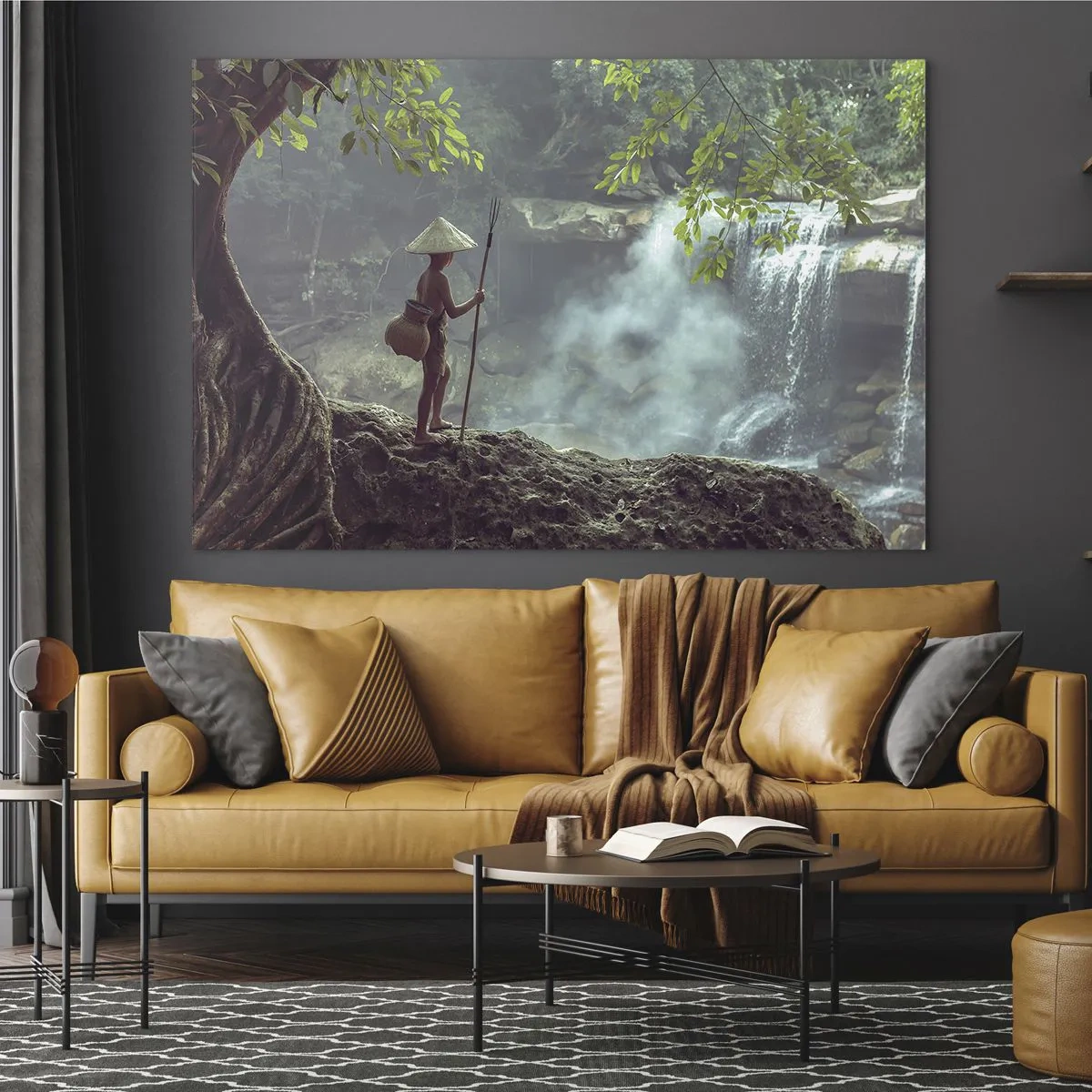 Schilderen op glas - Een jongen met een speer bij een waterval in het regenwoud - 70x50cm - Bevriend met de natuur - Moderne wanddecoratie voor woonkamer en slaapkamer ARTTOR