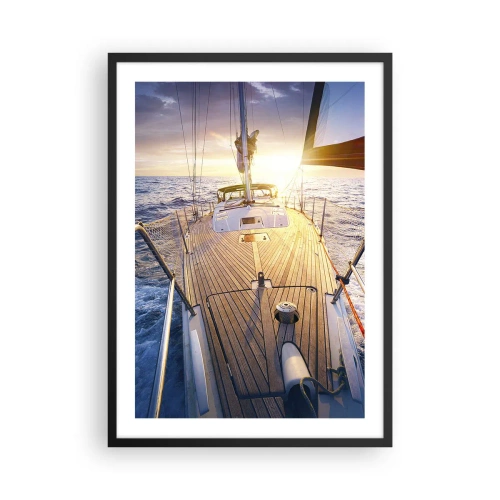 Poster in een zwarte lijst - Jachtdek met uitzicht op de oceaan en de zonsondergang - 50x70cm - Lopend op de golven - Moderne wanddecoratie voor woonkamer en slaapkamer ARTTOR