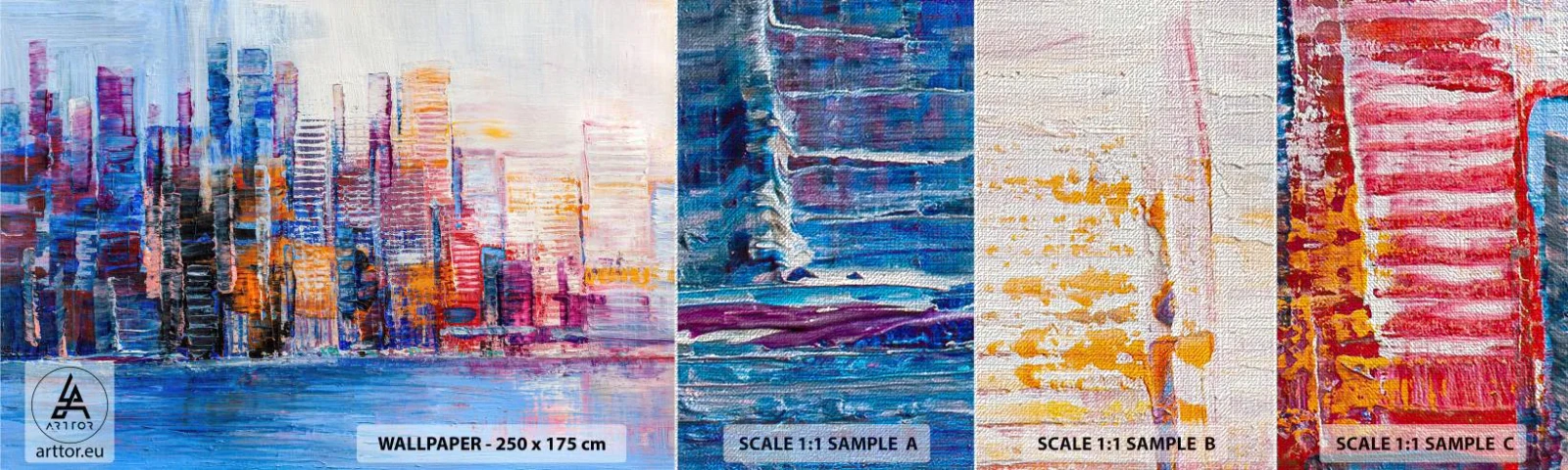 Fotobehang Monster Premium Canvas - Een vrolijke metropool - Stad, Architectuur, Wolkenkrabbers - 100x30 cm