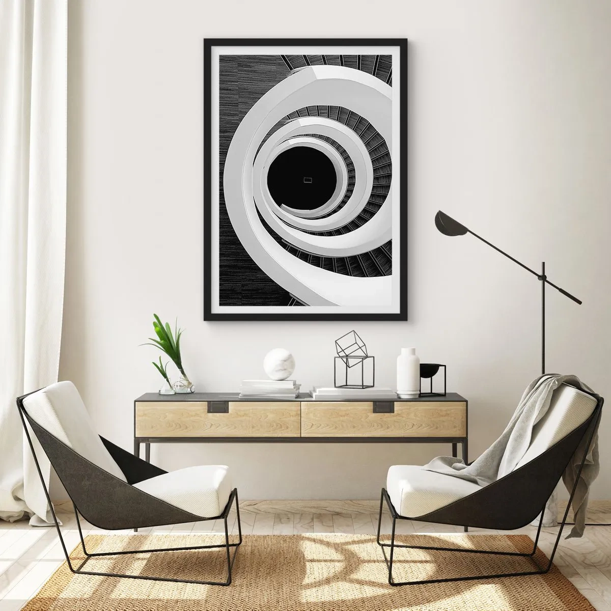 Poster in een zwarte lijst - Een wenteltrap in zwart-wit met een abstract ontwerp - 50x70cm - Tot de kern van de zaak - Moderne wanddecoratie voor woonkamer en slaapkamer ARTTOR