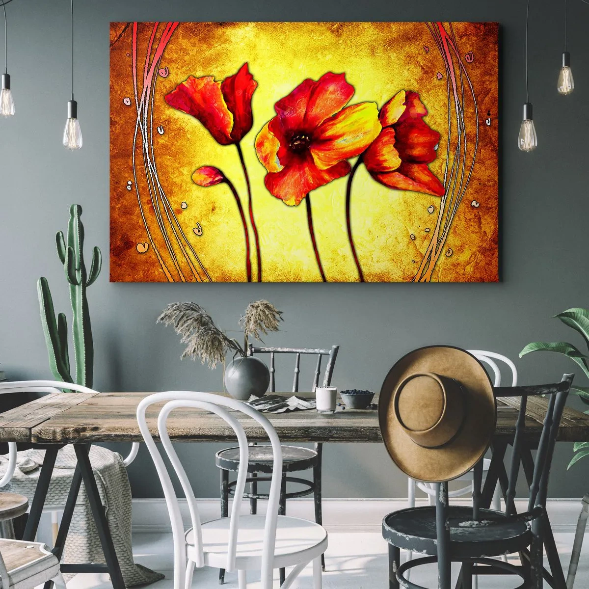 Schilderen op canvas - Rode en gele bloemen op een gouden achtergrond met decoratieve patronen - 70x50cm - In Art Nouveau-decoraties - Moderne wanddecoratie voor woonkamer en slaapkamer ARTTOR