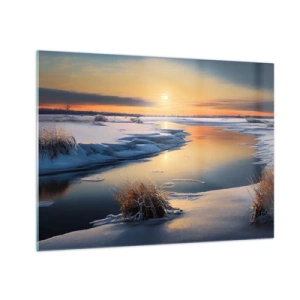 Schilderen op glas - Winterlandschap met zonsondergang boven een bevroren rivier - 70x50cm - Winterse zonsondergang - Moderne wanddecoratie voor woonkamer en slaapkamer ARTTOR