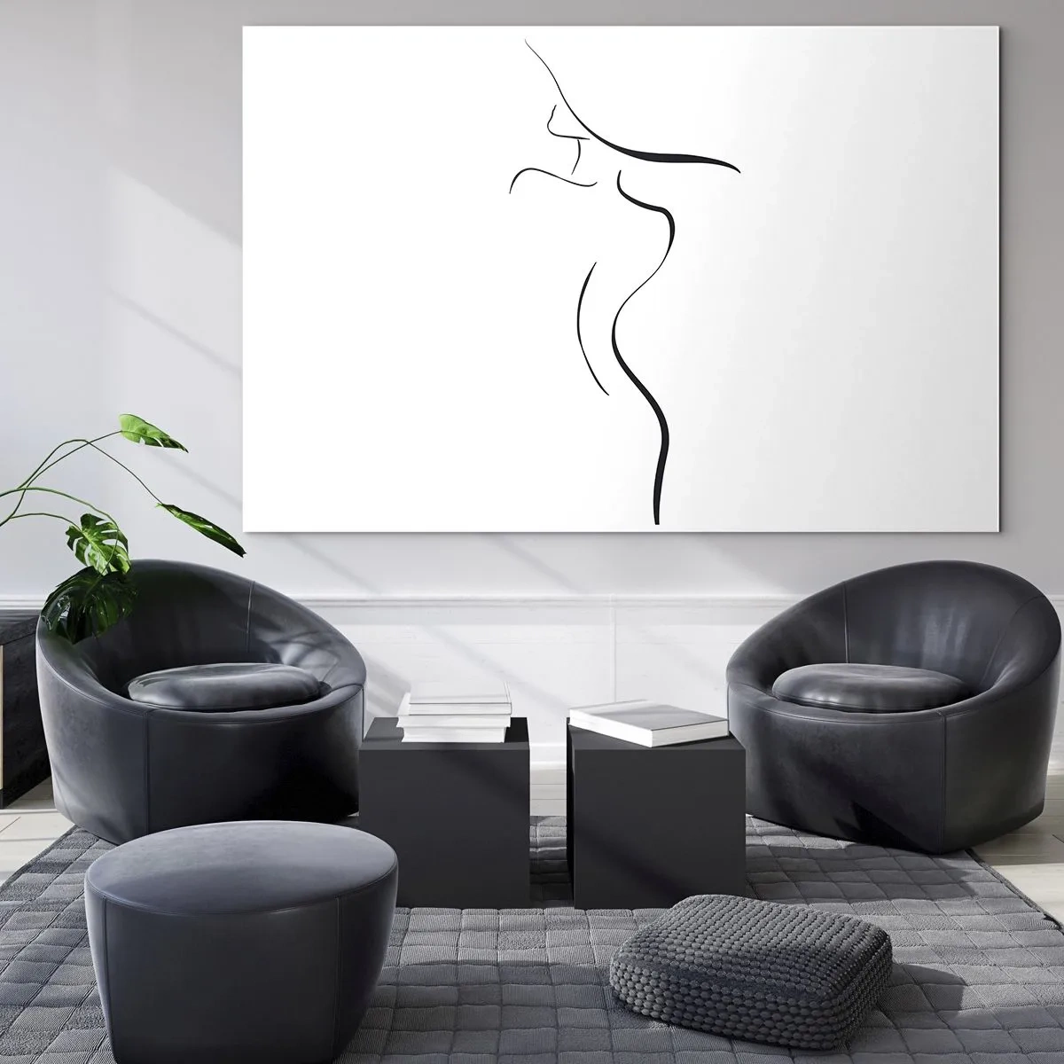 Schilderen op glas - Minimalistische omtrek van een vrouwelijk silhouet in zwart-wit - 70x50cm - Ongrijpbaar als een golf - Moderne wanddecoratie voor woonkamer en slaapkamer ARTTOR