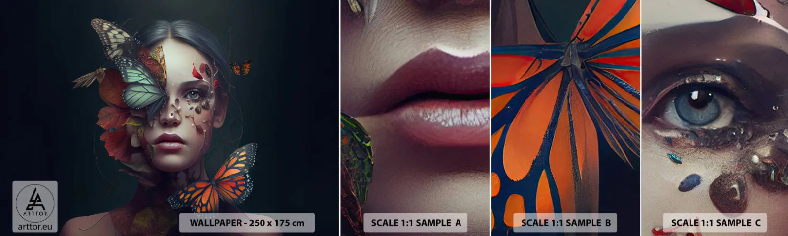 Fotobehang Monster Zelfklevend Deluxe Sticker - Een prachtige metamorfose - Vlinders, Gezicht, Vrouw - 100x30 cm