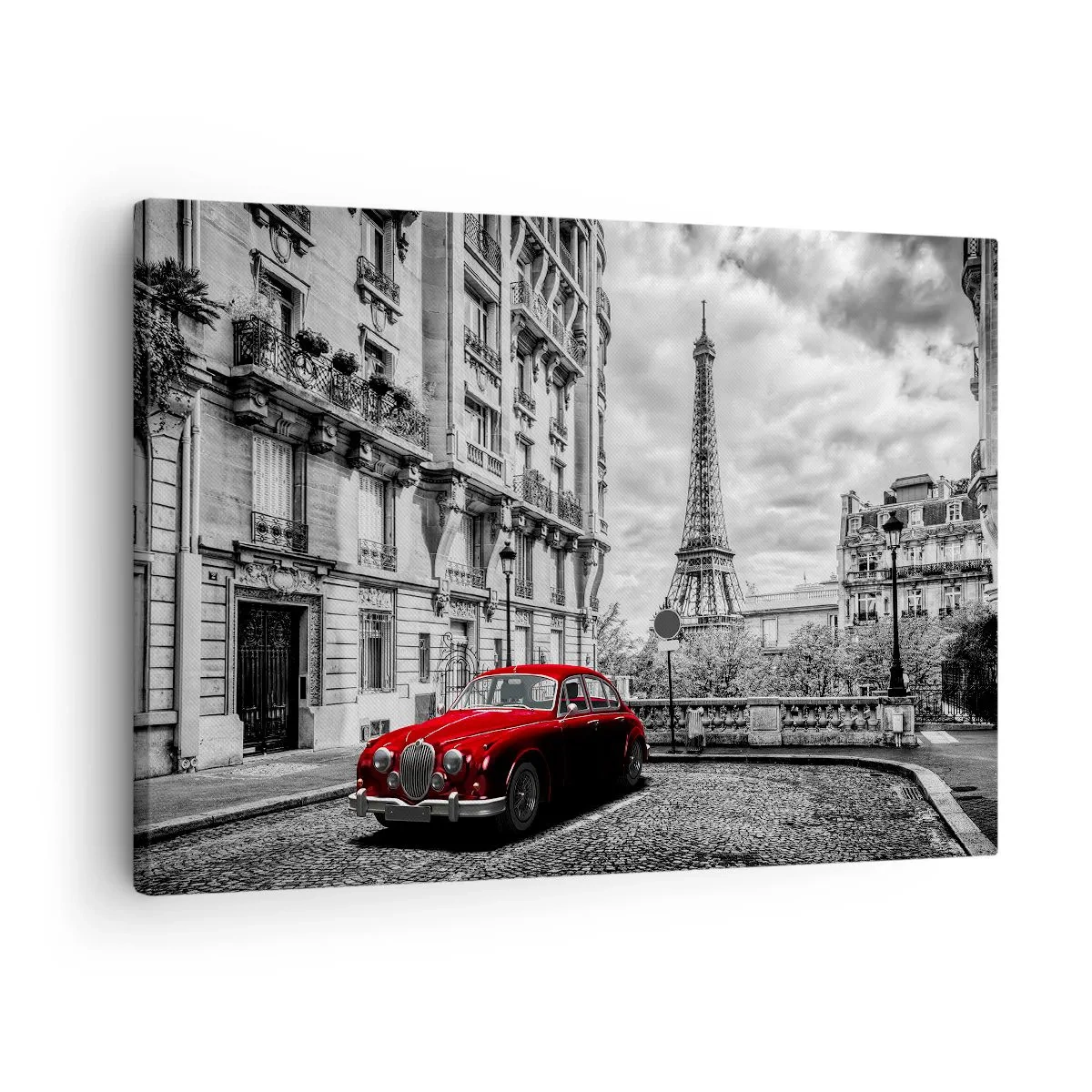 Schilderen op canvas - Een rode auto met de Eiffeltoren op de achtergrond in een zwart-witte setting - 70x50cm - Roofdier in de stad - Moderne wanddecoratie voor woonkamer en slaapkamer ARTTOR