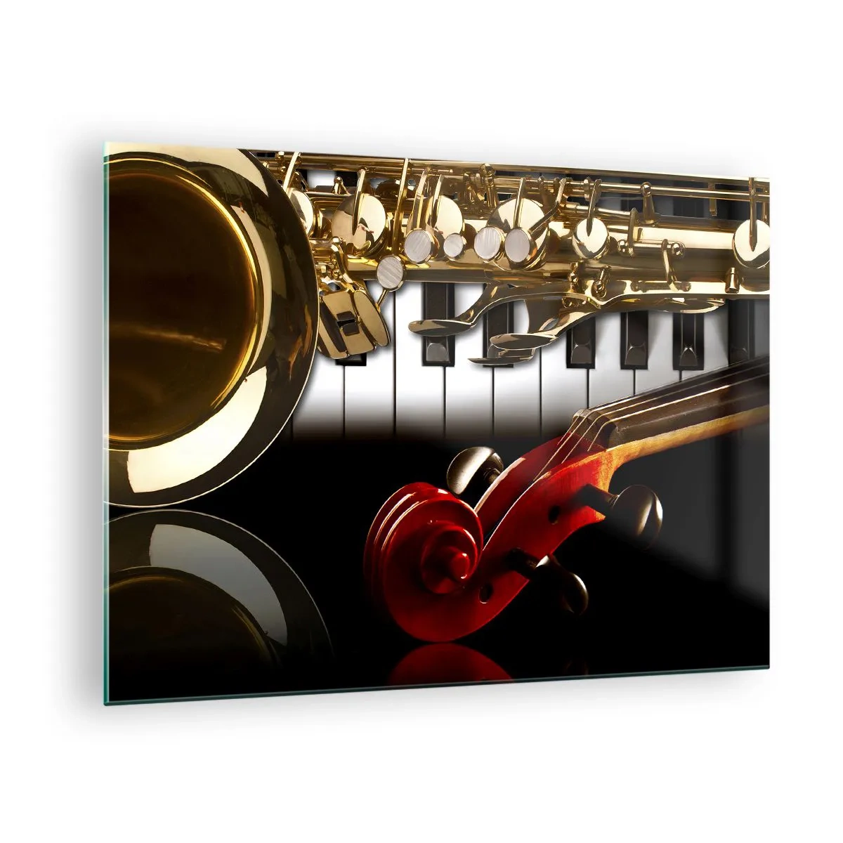 Schilderen op glas - Saxofoon, keyboard en strijkstok in een artistieke compositie - 70x50cm - Plaatwerk, hout en ivoor - Moderne wanddecoratie voor woonkamer en slaapkamer ARTTOR