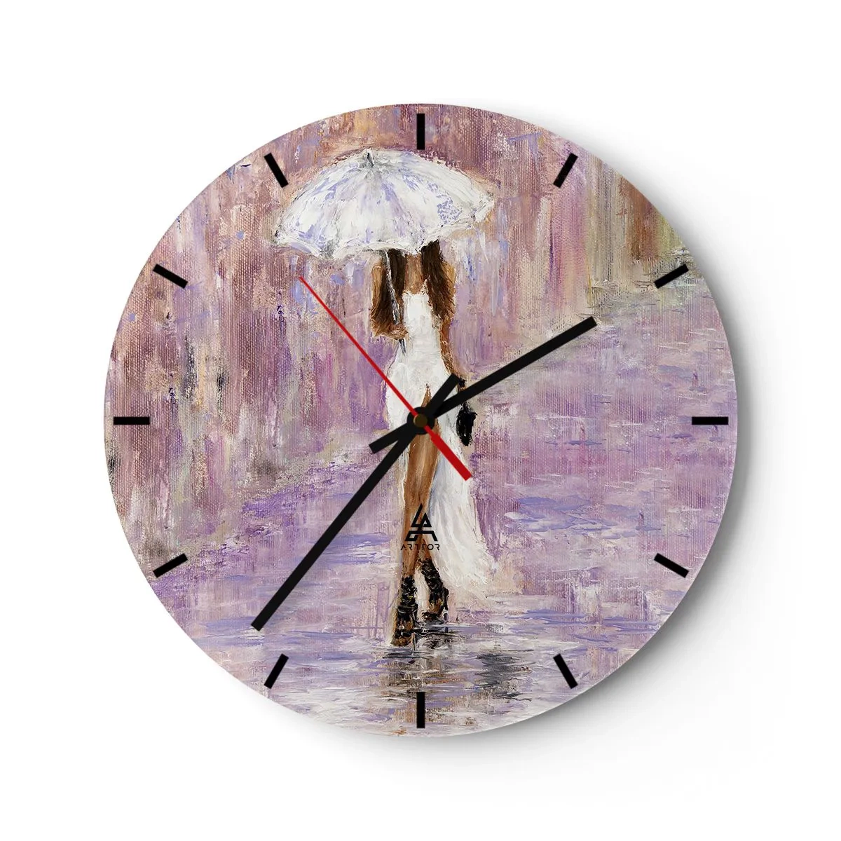 Wandklok - Klok - De figuur van een vrouw met een paraplu in de regen, tegen een lila achtergrond - 30x30cm - In de lila regen - Moderne wanddecoratie voor woonkamer, keuken en slaapkamer ARTTOR