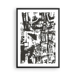 Poster in een zwarte lijst - Zwart-wit abstracte afbeelding met geometrische vormen - 50x70cm - Orde of chaos? - Moderne wanddecoratie voor woonkamer en slaapkamer ARTTOR