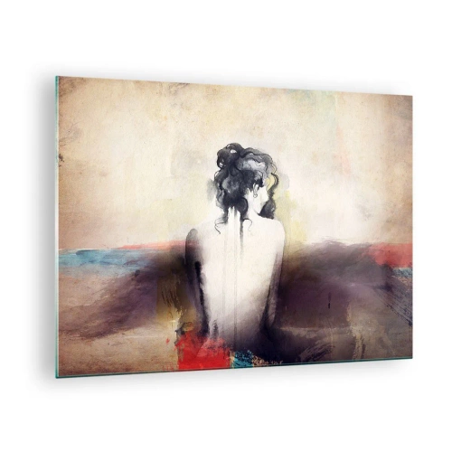 Schilderen op glas - Een subtiel portret van een vrouw tegen een pastelkleurige landschapsachtergrond. - 70x50cm - Vloeiende lijnen, ovale vormen - Moderne wanddecoratie voor woonkamer en slaapkamer ARTTOR