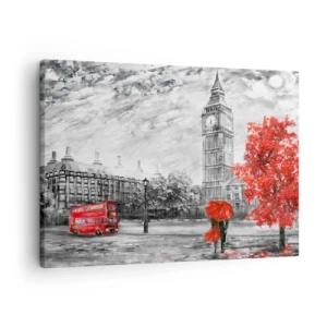 Schilderen op canvas - Iconisch uitzicht op Londen met Big Ben, een rode bus en een paraplu - 70x50cm - Een spannende dag - Moderne wanddecoratie voor woonkamer en slaapkamer ARTTOR