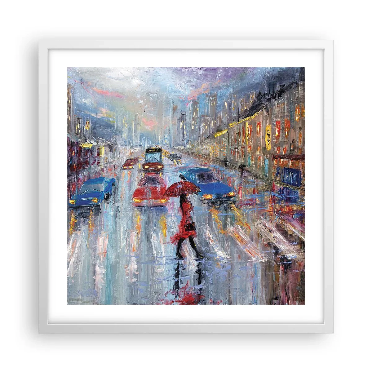 Poster in een witte lijst - Regenachtige middag in de stad - 50x50 cm