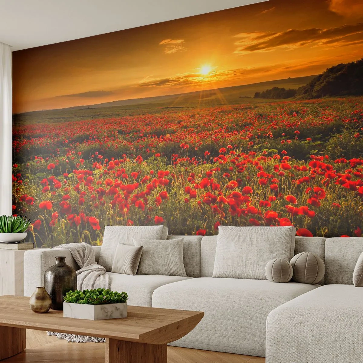 Fotobehang Premium Sand - Tussen de golven van ruisende weiden, tussen de bloemen van de vloed - Landschap, Bloemen, Klaprozen - 100x70 cm