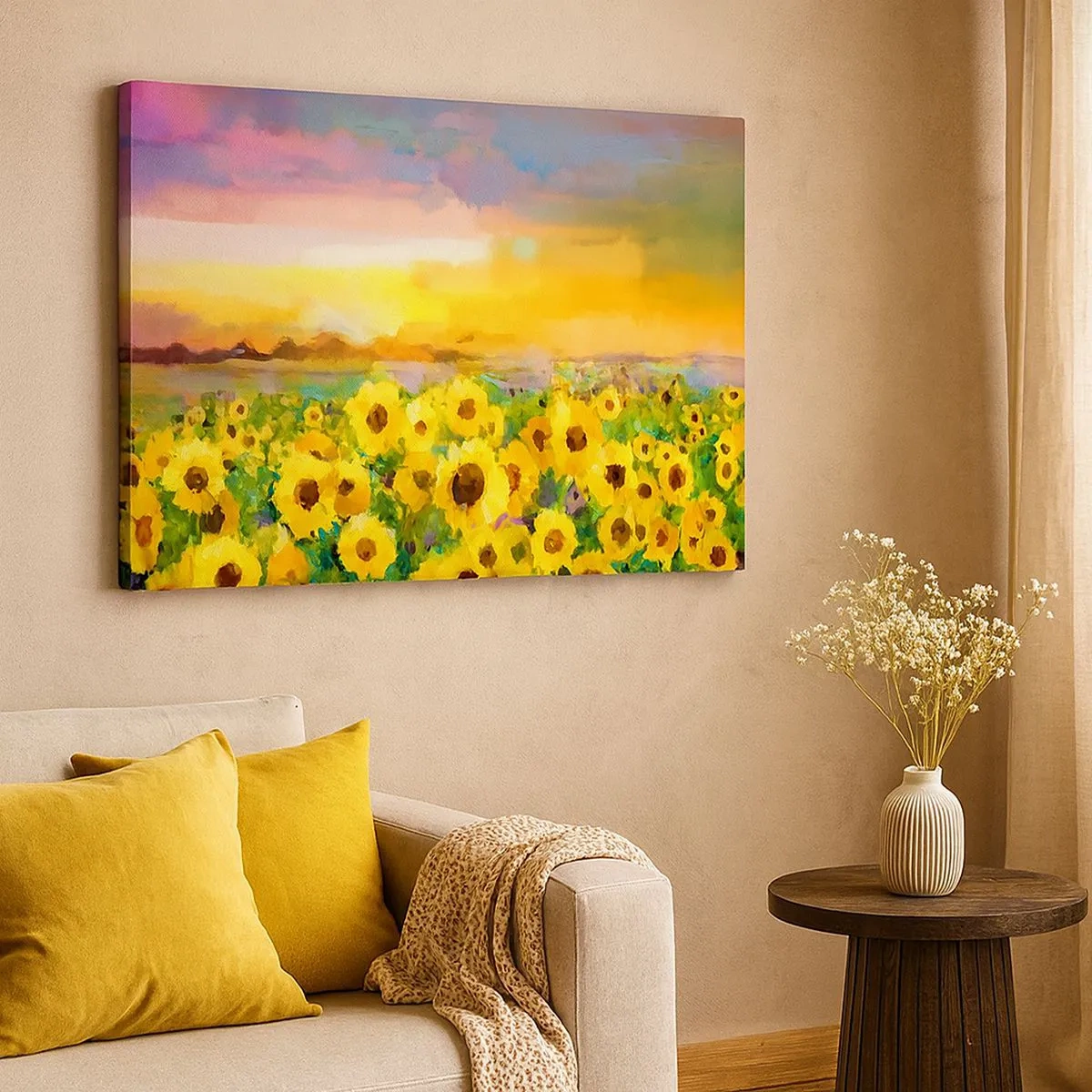 Schilderen op canvas - Een veld zonnebloemen in het licht van de ondergaande zon - 70x50cm - De zon zelf daalde naar de aarde - Moderne wanddecoratie voor woonkamer en slaapkamer ARTTOR