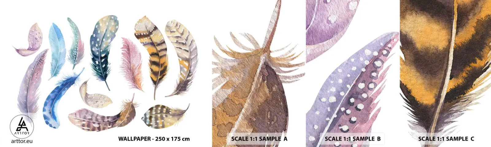 Fotobehang Monster Zelfklevend Deluxe Sticker - Licht, bont en veelkleurig - Vogelveren, Vogels, Grafisch - 100x30 cm