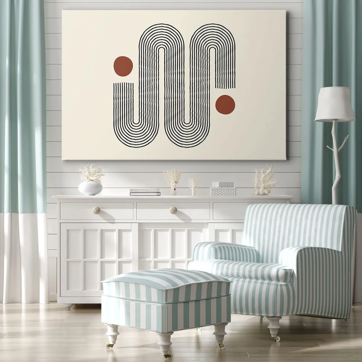 Schilderen op canvas - Geometrisch patroon met lijnen en oranje cirkels - 70x50cm - Van het begin tot het eind - Moderne wanddecoratie voor woonkamer en slaapkamer ARTTOR