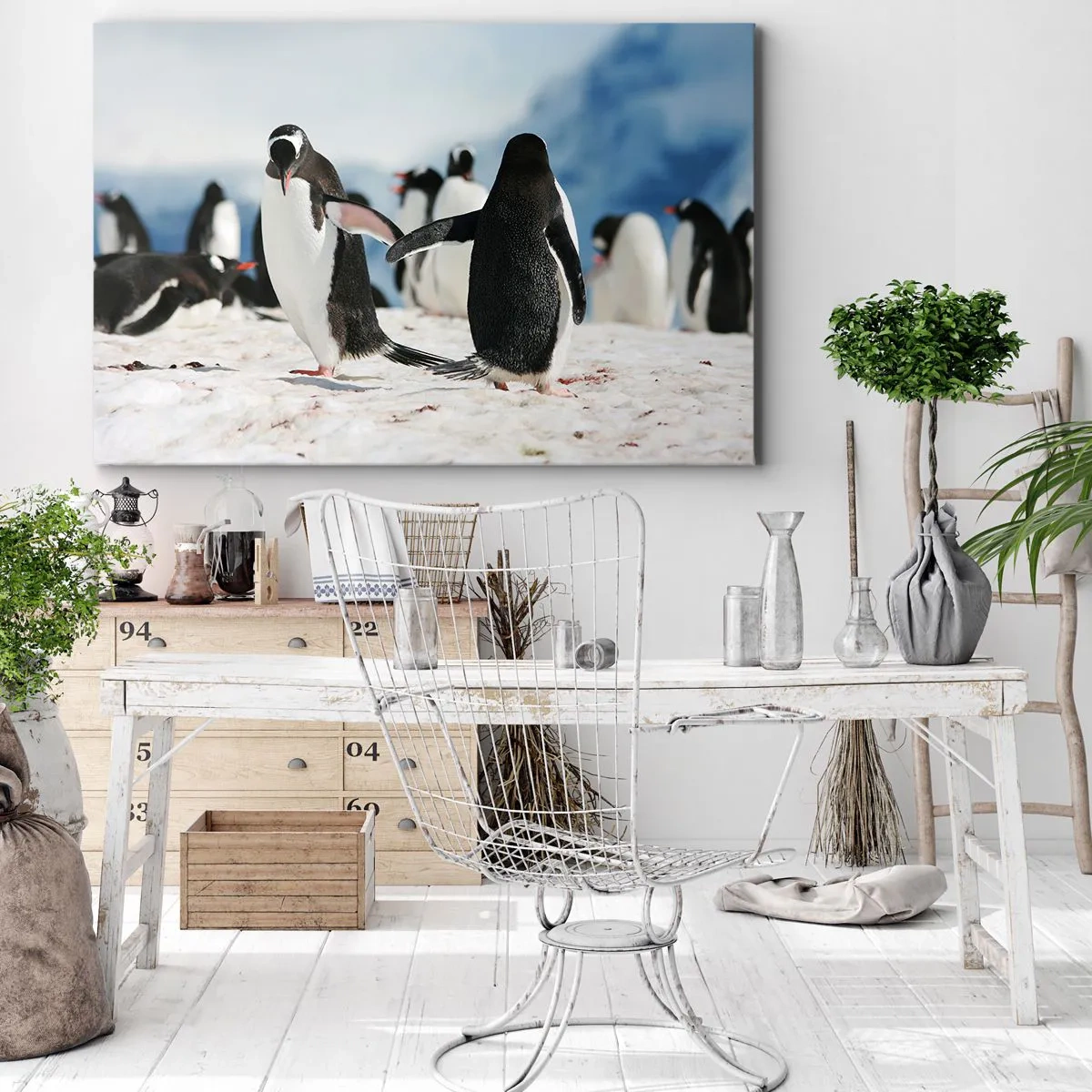 Schilderen op canvas - Een groep pinguïns in de sneeuw in een Antarctisch landschap - 70x50cm - Dansen in de sneeuw - Moderne wanddecoratie voor woonkamer en slaapkamer ARTTOR