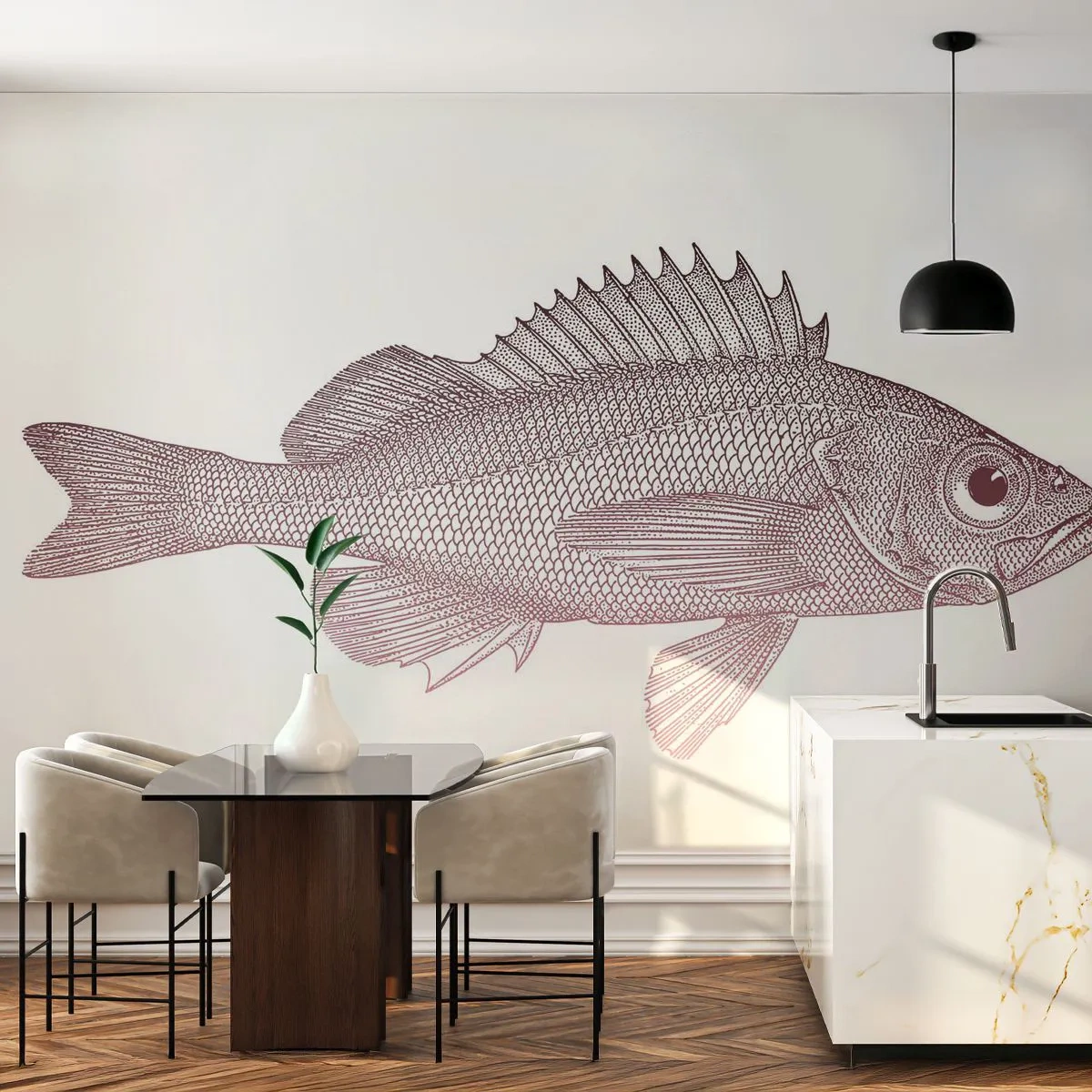 Fotobehang Standard Eco - Grote ogen vis - Vis, Onderwater, Minimalistisch - 150x105 cm