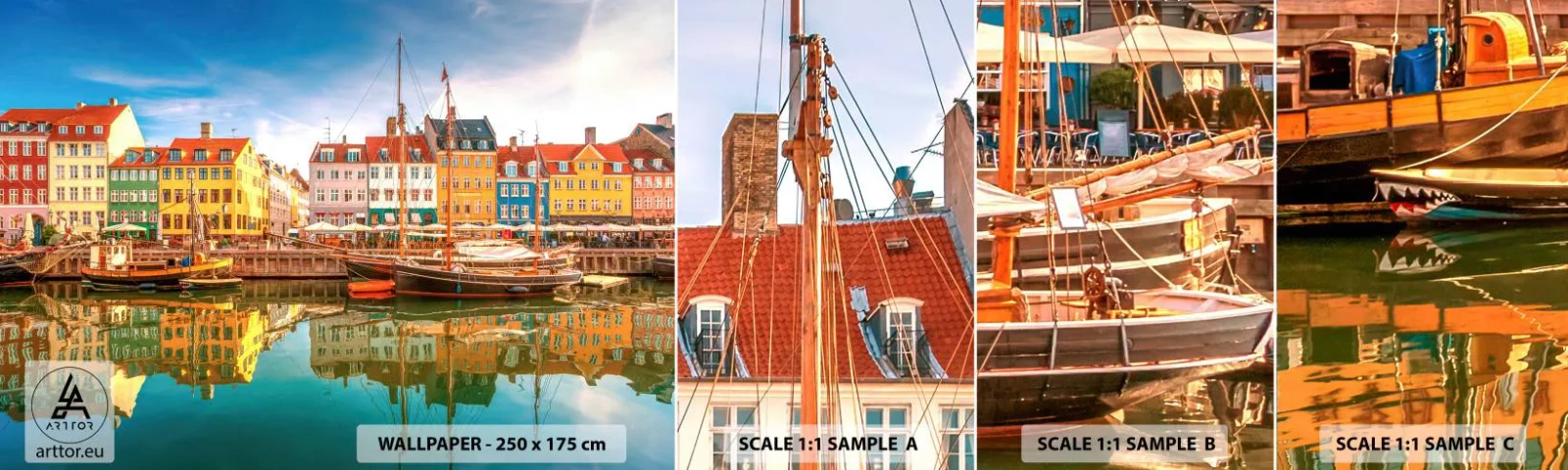 Fotobehang Staaltje Standard Eco - Over het water zo glad als een spiegel - Landschap, Architectuur, Kopenhagen - 100x30 cm