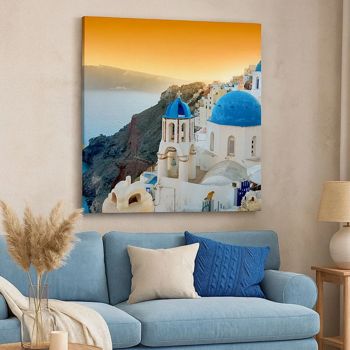 Schilderen op canvas - Santorini - genesteld tegen de rotsen - 30x30 cm