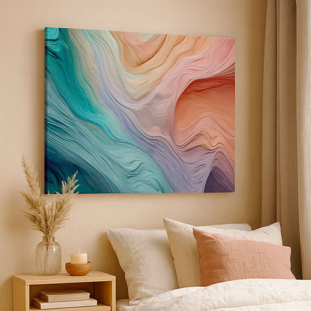 Schilderen op canvas - Abstracte golven in pastel- en regenboogkleuren - 70x50cm - Regenboog golf - Moderne wanddecoratie voor woonkamer en slaapkamer ARTTOR