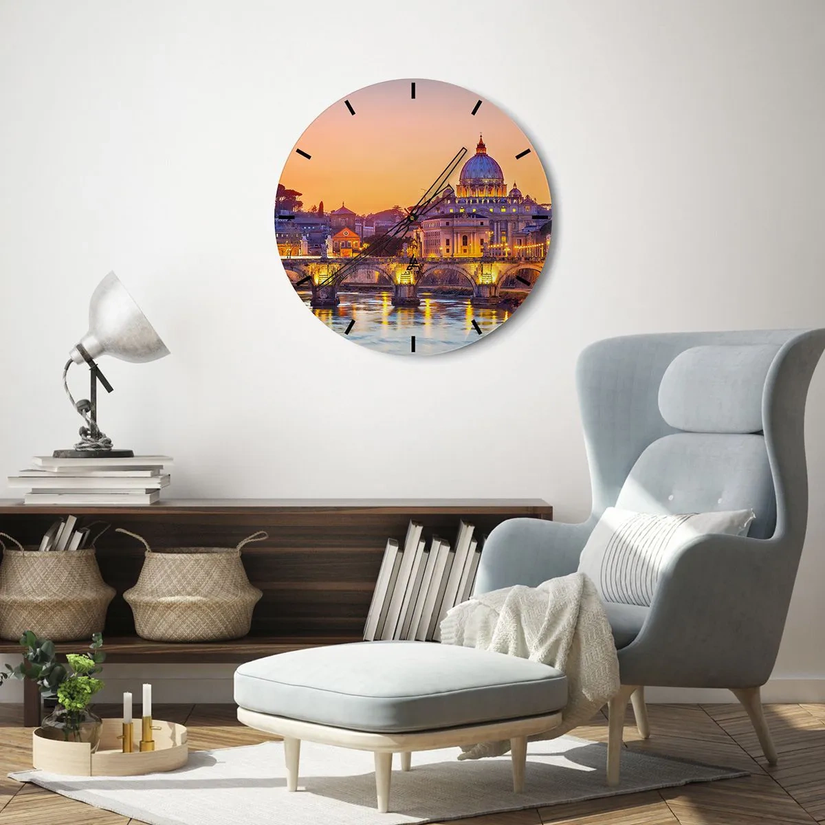 Wandklok - Klok - Panorama van Rome met de Sint-Pietersbasiliek bij zonsondergang - 30x30cm - Zonsondergang boven de Eeuwige Stad - Moderne wanddecoratie voor woonkamer, keuken en slaapkamer ARTTOR