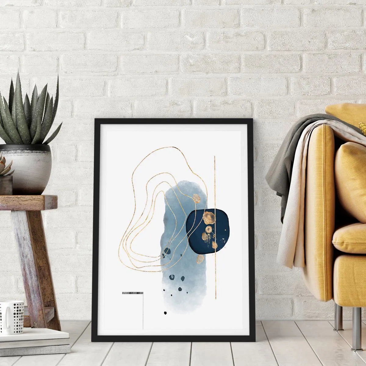 Poster in een zwarte lijst - Blauw en goud fantasie - 40x50 cm