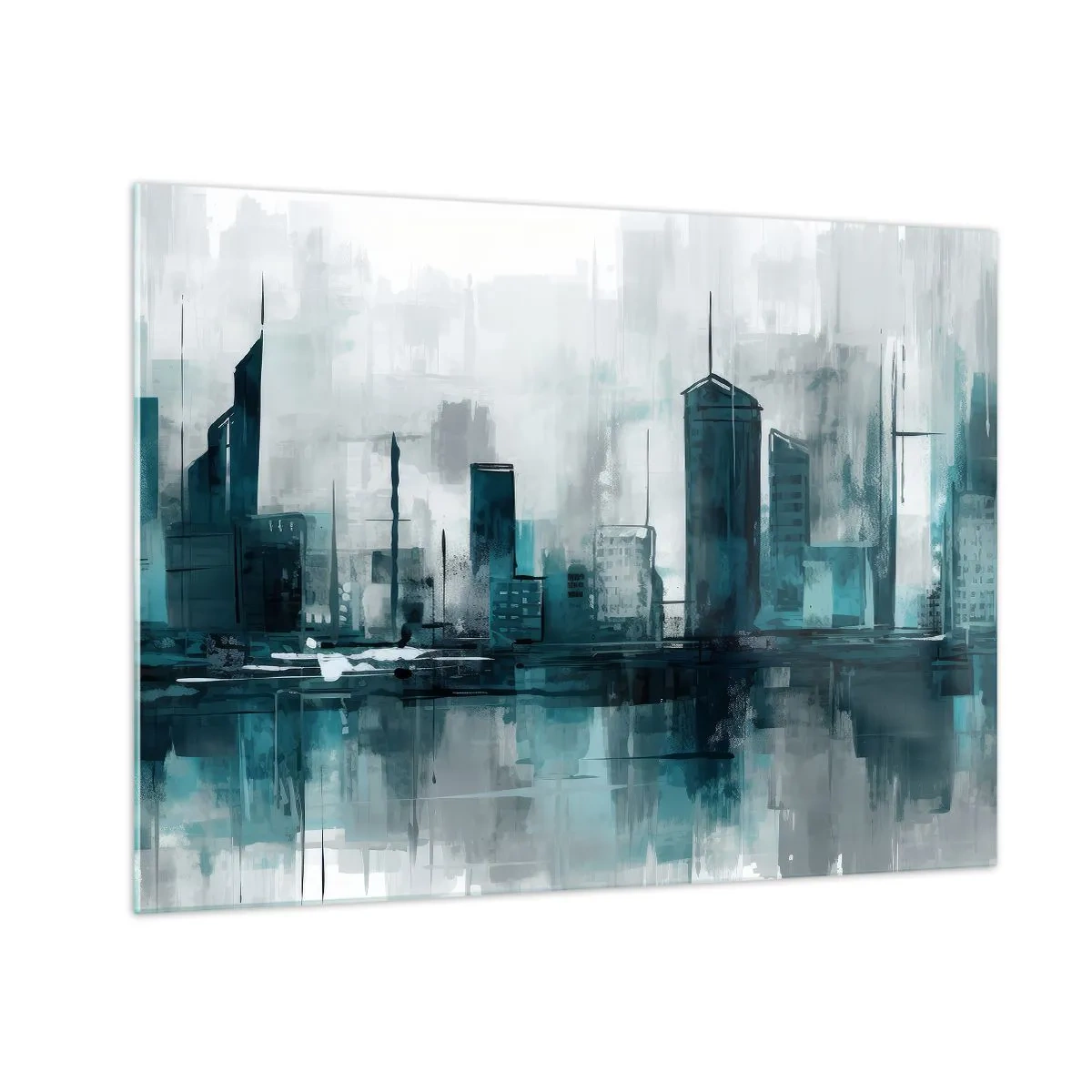 Schilderen op glas - Een moderne stad in tinten blauw en grijs - 70x50cm - Een stad in de kleur van regen - Moderne wanddecoratie voor woonkamer en slaapkamer ARTTOR