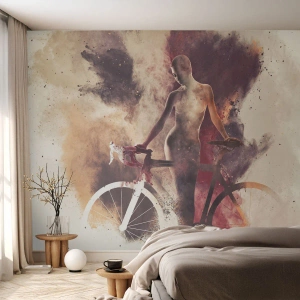 Fotobehang Standard Eco - Silhouet van een vrouw met een fiets in een artistieke compositie - 100x70cm - Een fietsziel in marmeren vormen - Moderne wanddecoratie voor woonkamer en slaapkamer ARTTOR