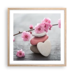 Een poster in een licht eiken lijst - Gelukzaligheid met een kersenbloesem - 50x50 cm