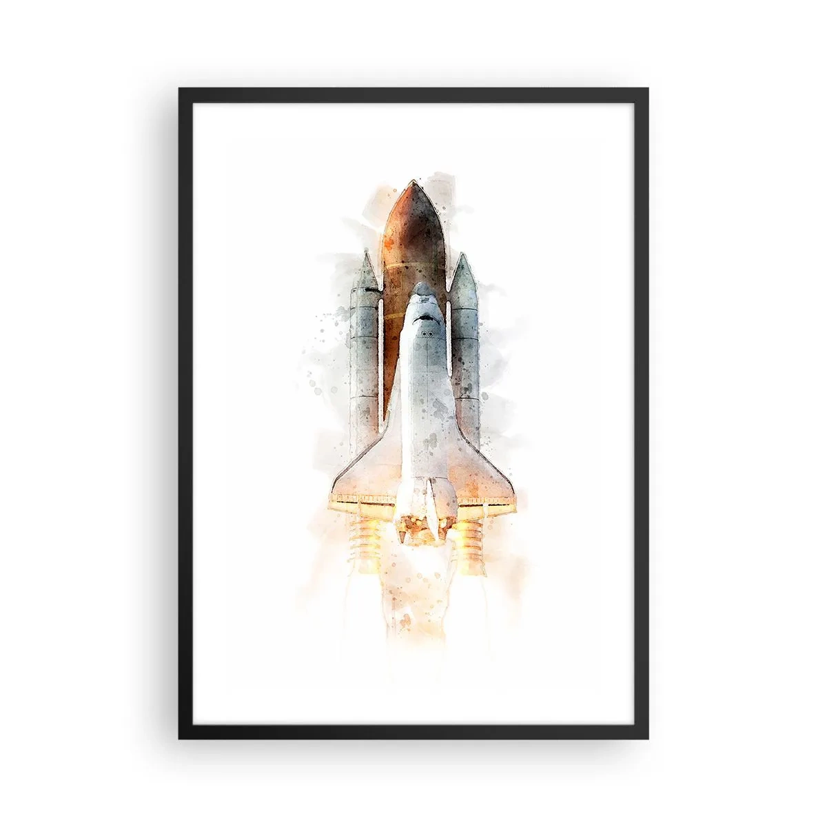 Poster in een zwarte lijst - Ruimteveer in aquarelstijl dat opstijgt - 50x70cm - Ontdekkingsreizigers, aan de slag - Moderne wanddecoratie voor woonkamer en slaapkamer ARTTOR