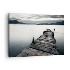 Schilderen op canvas - Een houten brug die naar een rustig meer leidt - 70x50cm - Dompel je onder in vrede - Moderne wanddecoratie voor woonkamer en slaapkamer ARTTOR