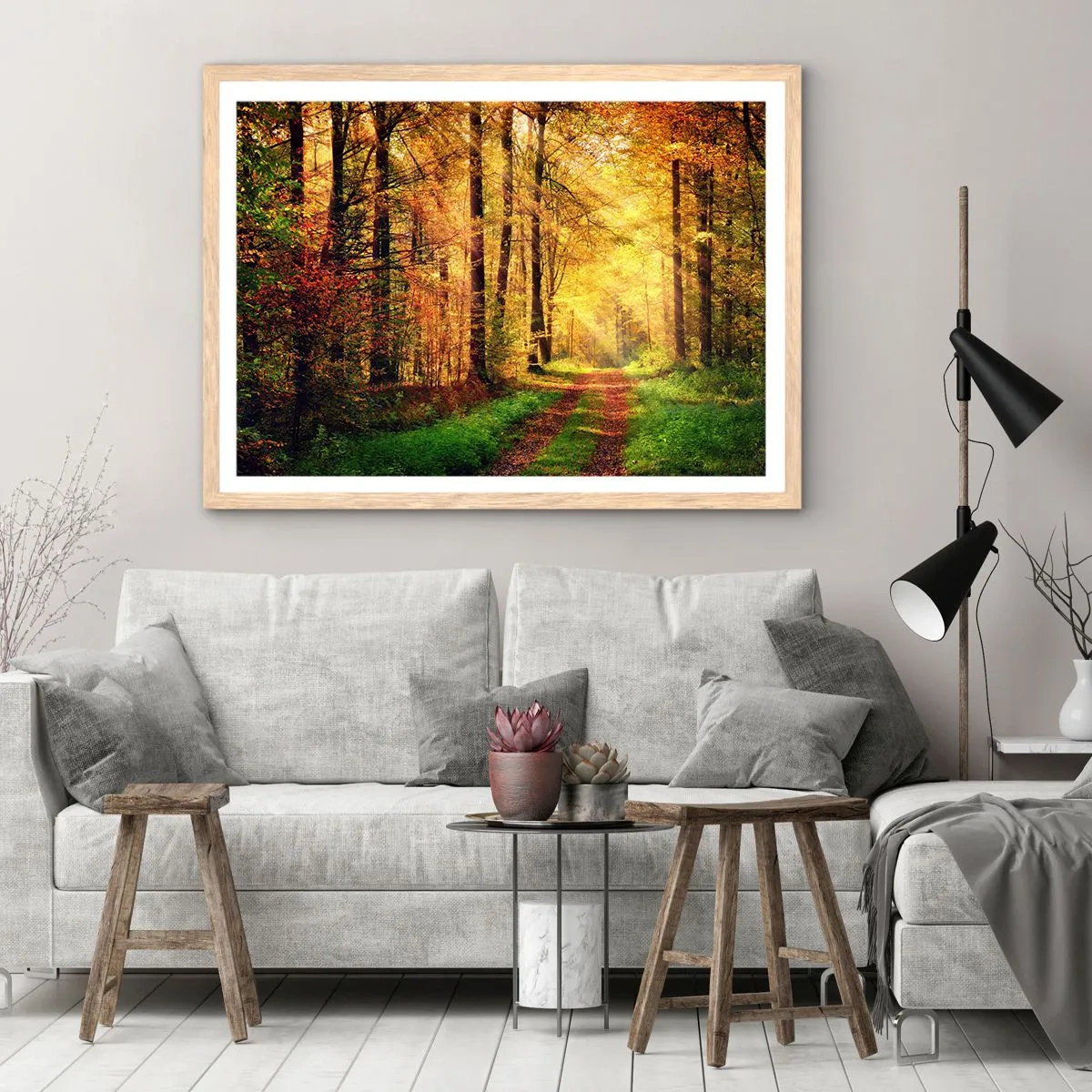 Een poster in een licht eiken lijst - Bos-gouden stilte - 70x50 cm
