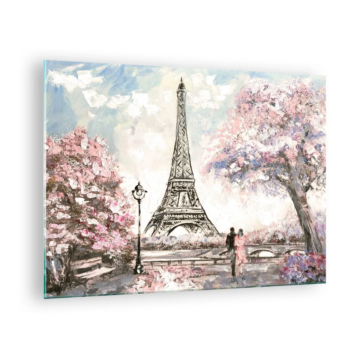 Schilderen op glas - Illustratie van de Eiffeltoren in een lentesetting - 70x50cm - Aprilwandeling door Parijs - Moderne wanddecoratie voor woonkamer en slaapkamer ARTTOR