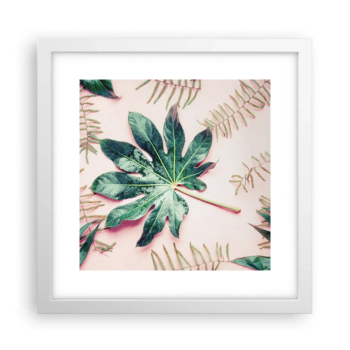 Poster in een witte lijst - Een studie van groen op een roze achtergrond - 30x30 cm