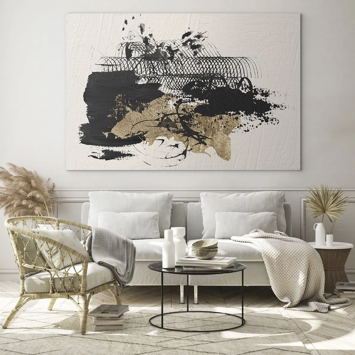 Schilderen op glas - Abstracte compositie in zwart en goud op een lichte achtergrond - 70x50cm - Compositie met passie - Moderne wanddecoratie voor woonkamer en slaapkamer ARTTOR