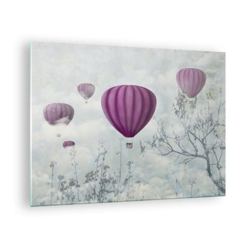 Schilderen op glas - Paarse ballonnen zweven tussen de wolken en boomtakken - 70x50cm - Als schepen in de lucht - Moderne wanddecoratie voor woonkamer en slaapkamer ARTTOR