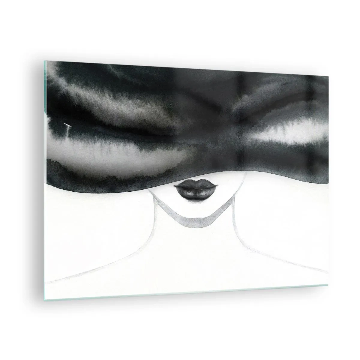 Schilderen op glas - Mysterieus gezicht met bedekte ogen in zwart-witte waterverf - 70x50cm - Een sensueel mysterie - Moderne wanddecoratie voor woonkamer en slaapkamer ARTTOR