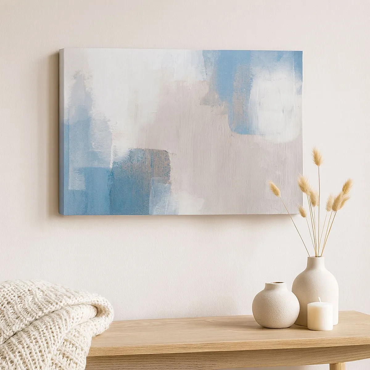 Schilderen op canvas - Abstracte vormen in tinten blauw en beige - 70x50cm - Roze abstractie achter een blauw gordijn - Moderne wanddecoratie voor woonkamer en slaapkamer ARTTOR