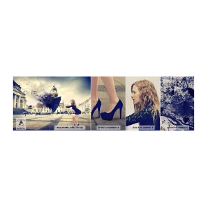 Fotobehang Monster Premium Sand - Er is zo'n wind...  - Vrouw, Stad, Mysterieuze paraplu - 100x30 cm