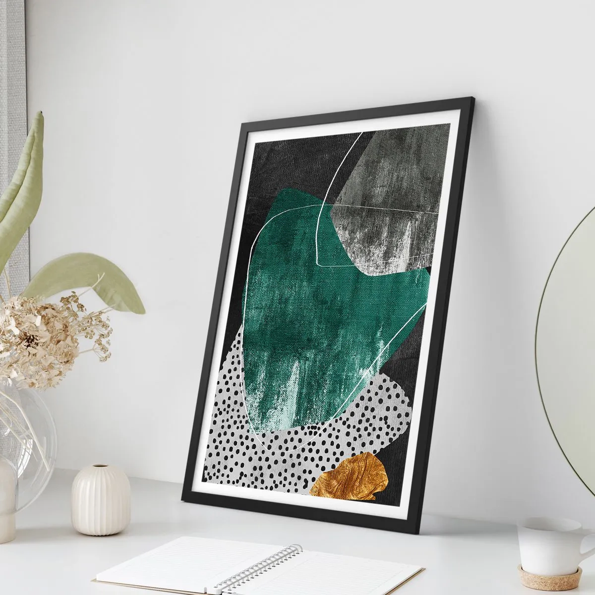 Poster in een zwarte lijst - Kleurrijke abstractie met bladgoud - 61x91 cm