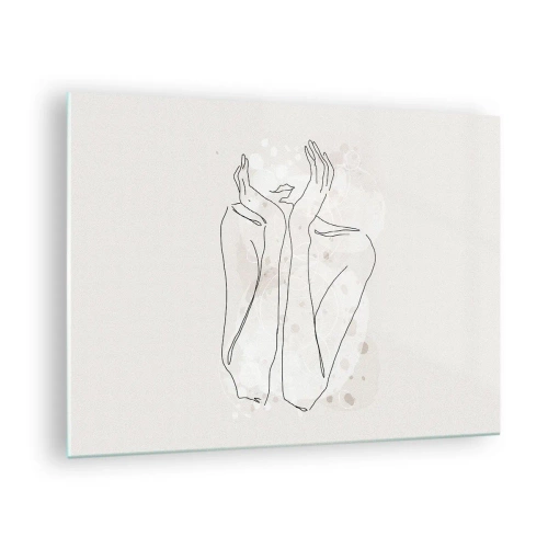 Schilderen op glas - Een minimalistische schets van de handen en lippen van een vrouw tegen een beige achtergrond. - 70x50cm - Een dromerig moment - Moderne wanddecoratie voor woonkamer en slaapkamer ARTTOR