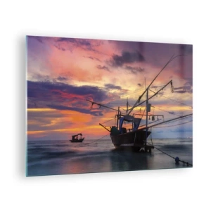 Schilderen op glas - Vissersboten op zee bij zonsondergang - 70x50cm - Exotische avond - Moderne wanddecoratie voor woonkamer en slaapkamer ARTTOR