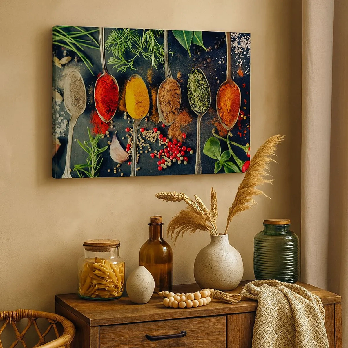 Schilderen op canvas - Kleurrijke kruiden op lepels met kruiden op de achtergrond - 70x50cm - Culinaire magie - Moderne wanddecoratie voor woonkamer en slaapkamer ARTTOR