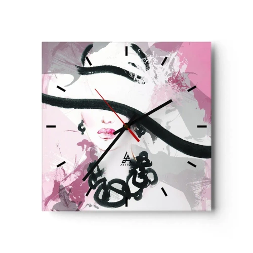 Wandklok - Klok - Portret van een dame in zwart en roze - 40x40 cm