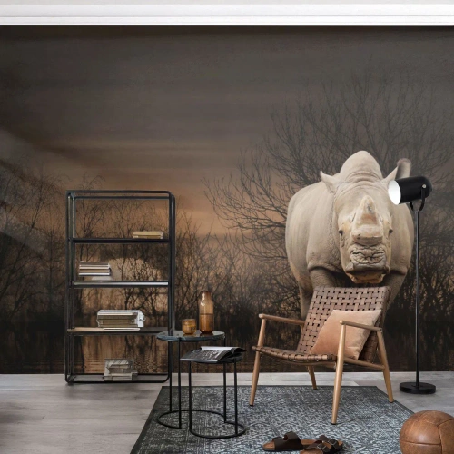 Zelfklevend Fotobehang Deluxe Sticker - Wit tegen de natuur - Neushoorn, Dieren, Afrika - 100x70 cm