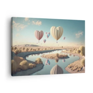 Schilderen op canvas - Hartvormige ballonnen zweven over het landschap - 70x50cm - Liefde laat je vliegen - Moderne wanddecoratie voor woonkamer en slaapkamer ARTTOR