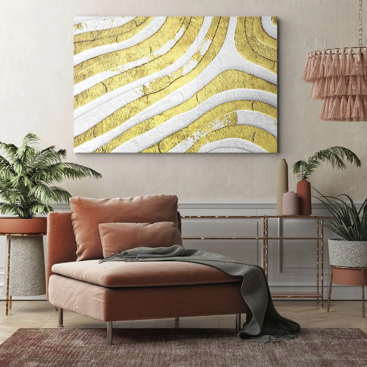 Schilderen op canvas - Goud en witte abstracte lijnen in een 3D-textuur - 70x50cm - Compositie in wit en goud - Moderne wanddecoratie voor woonkamer en slaapkamer ARTTOR